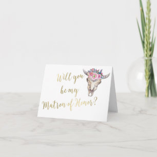 Cow Skull Boho Wedding Gold Matron of Honor Thank You Card