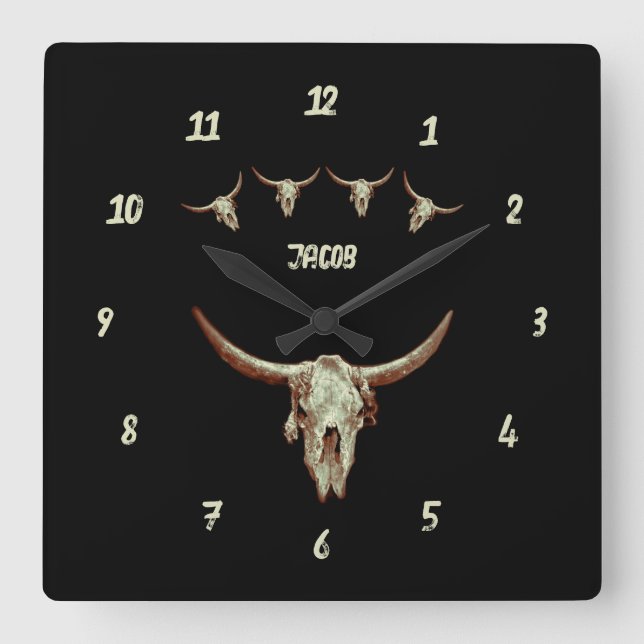 Cow Skull Brown Black Western Country Rustic Style Square Wall Clock (Front)