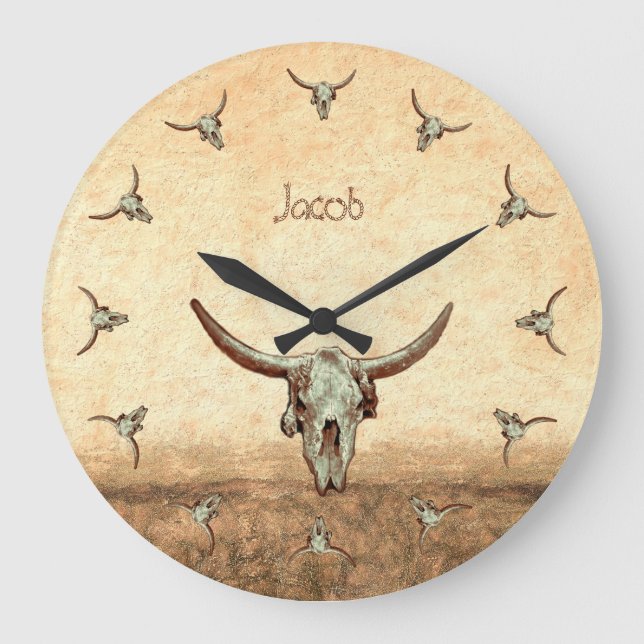 Cow Skull Brown Western Country Rustic Style Large Clock (Front)