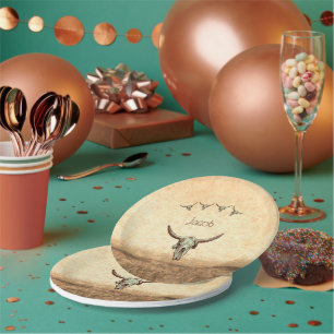 Cow Skull Brown Western Country Rustic Style Paper Plate