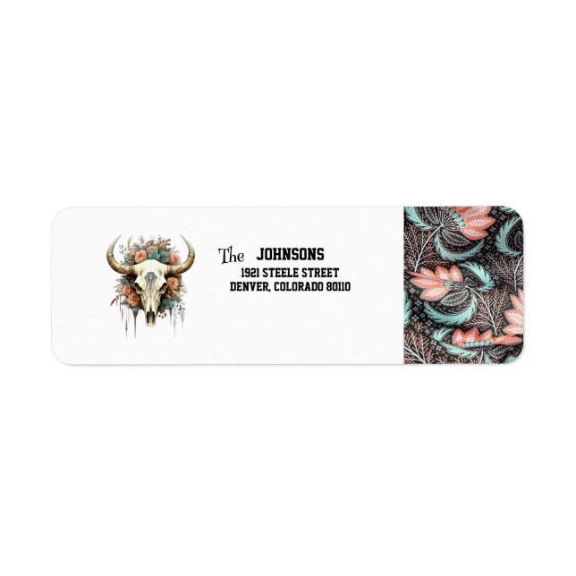 Cow Skull/Flowers Floral Design Return Address Label (Front)