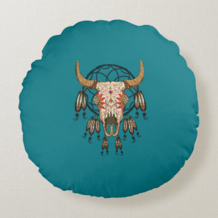 Cow Skull Southwestern Dream Catcher Round Cushion