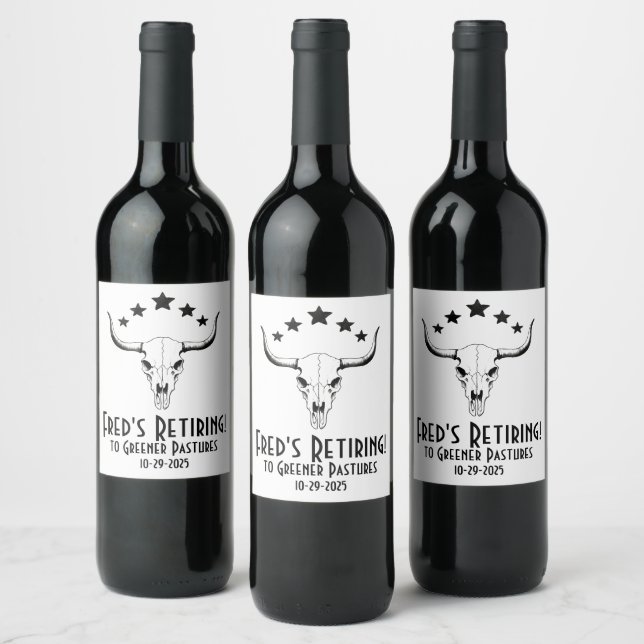 Cow Skull Western Retirement Party Wine Label (Bottles)