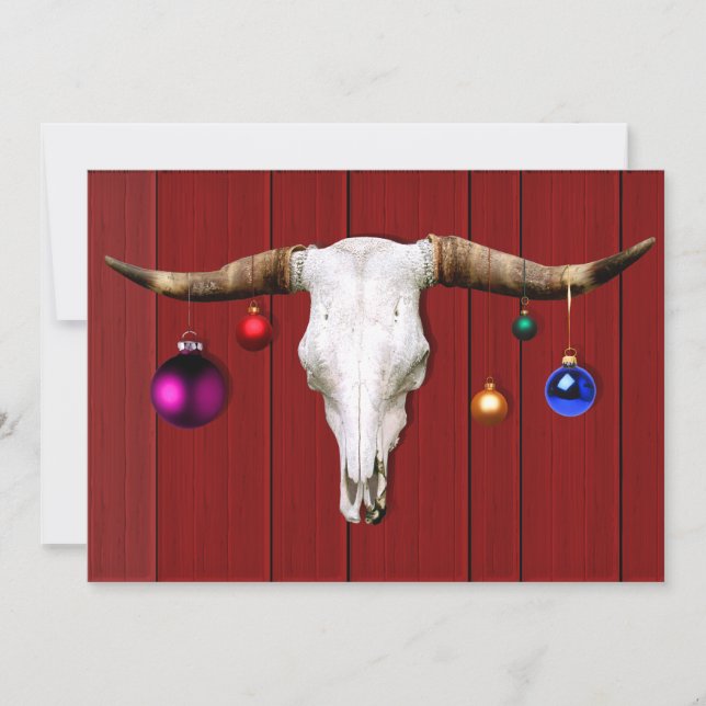 Cow Skull with Christmas Ornaments on Red Barn Invitation (Front)