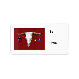 Cow Skull with Christmas Ornaments on Red Barn Label