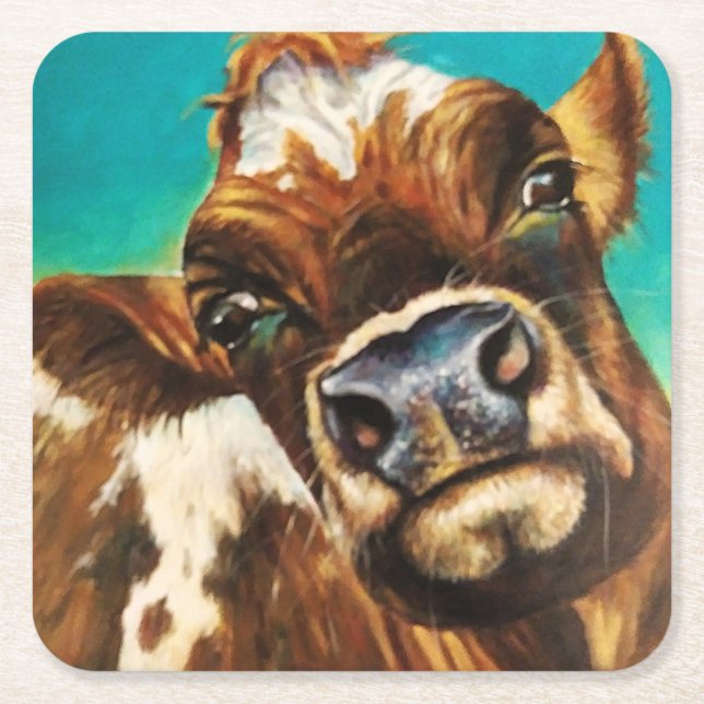 Cow Smootches Square Paper Coaster (Front)