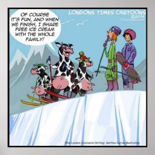 Cow Snow-Skiing Family Funny Poster