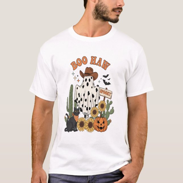 Cow Spot Ghost Western-Funny Halloween T-Shirt (Front)