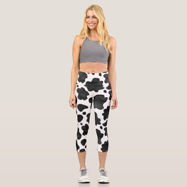 Cow Spots Pattern Black and White Animal Print  Capri Leggings (Front)
