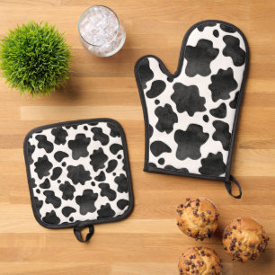 Cow Spots Pattern Black and White Animal Print Oven Mitt & Pot Holder Set