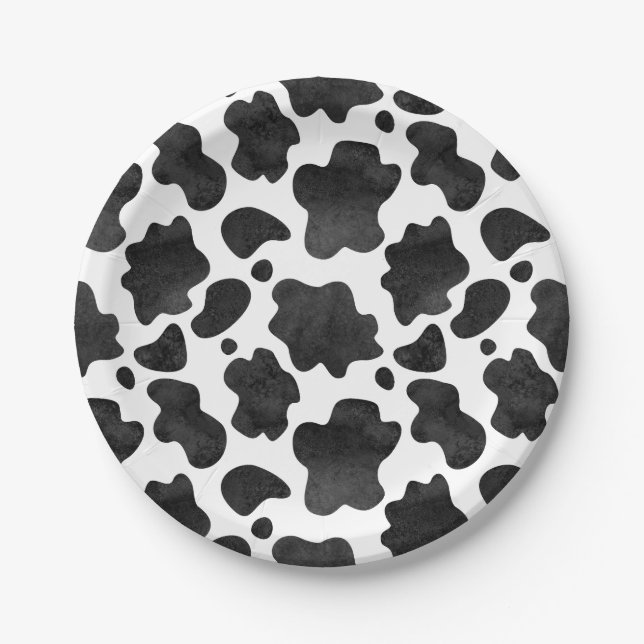 Cow Spots Pattern Black and White Animal Print Paper Plate (Front)