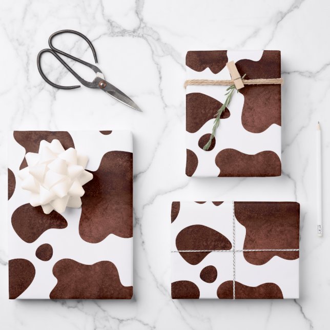 Cow Spots Pattern Brown and White Animal Print Wrapping Paper Sheet (Front)