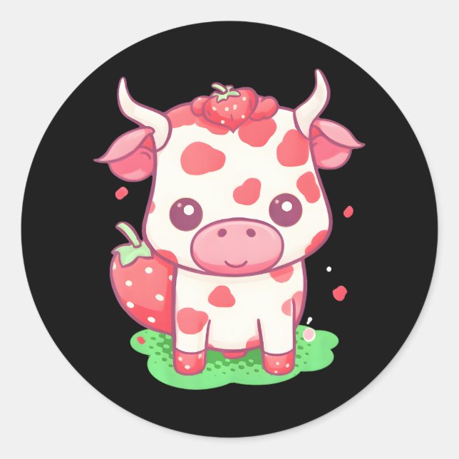 Cow Strawberry Cute Kawaii Pink Pastel Strawberry Classic Round Sticker (Front)