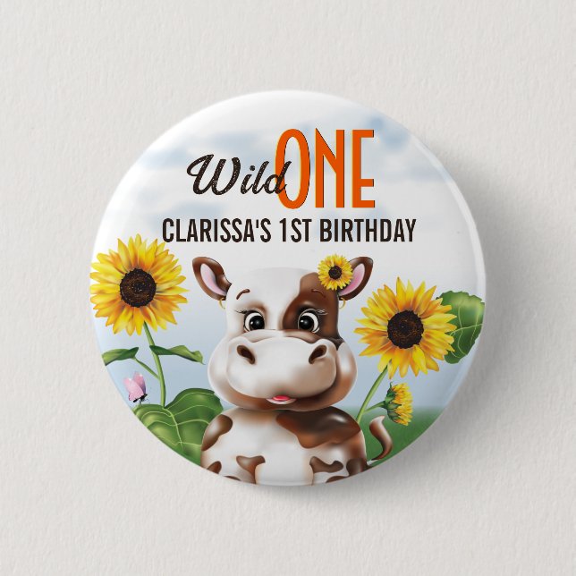 Cow Sunflower Girl First Birthday 6 Cm Round Badge (Front)
