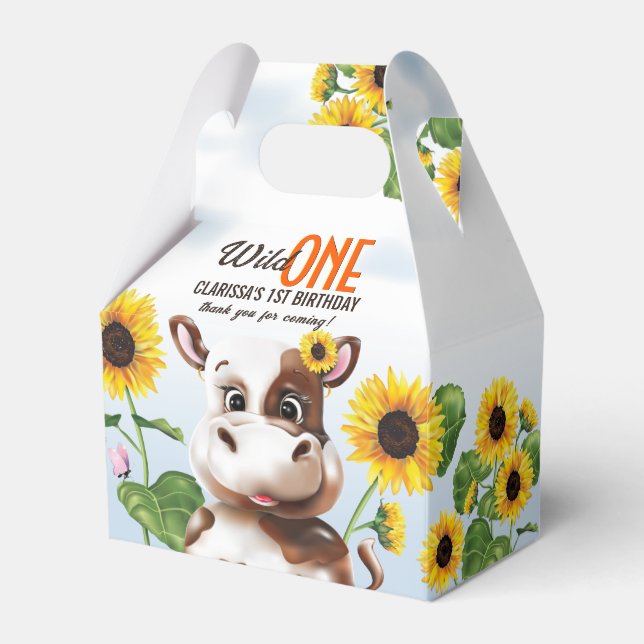 Cow Sunflower Girl First Birthday Favour Box (Front Side)