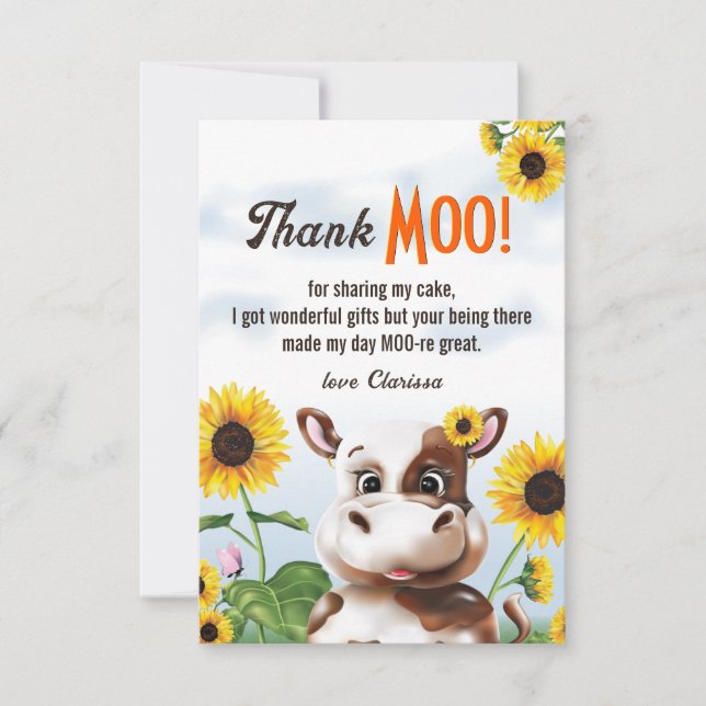 Cow Sunflower Girl First Birthday Thank You Card (Front)