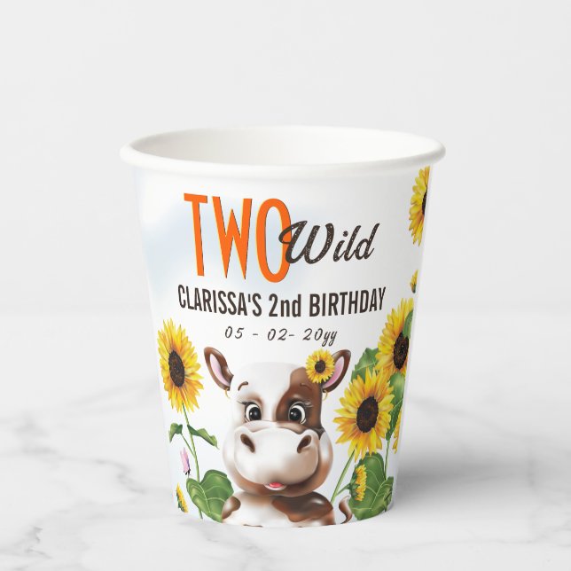 Cow Sunflower Girl Second Birthday Paper Cups (Front)