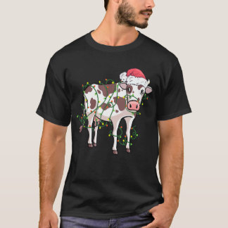 Cow Tangled Up In Christmas Lights Santa T-Shirt