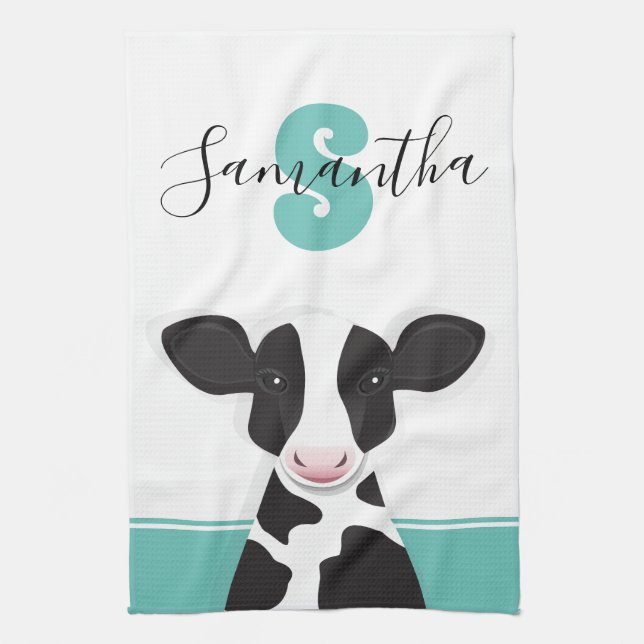 Cow Teal Black White Animal Tea Towel (Vertical)