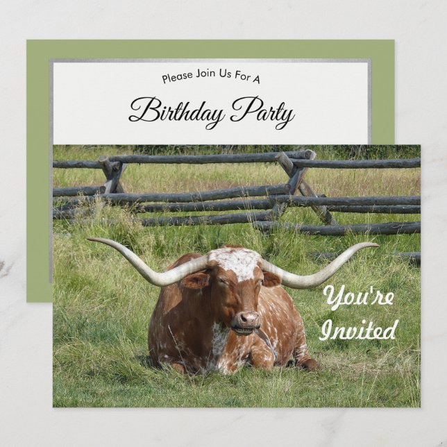 Cow Texas Longhorn Photo Birthday Invitation (Front/Back)