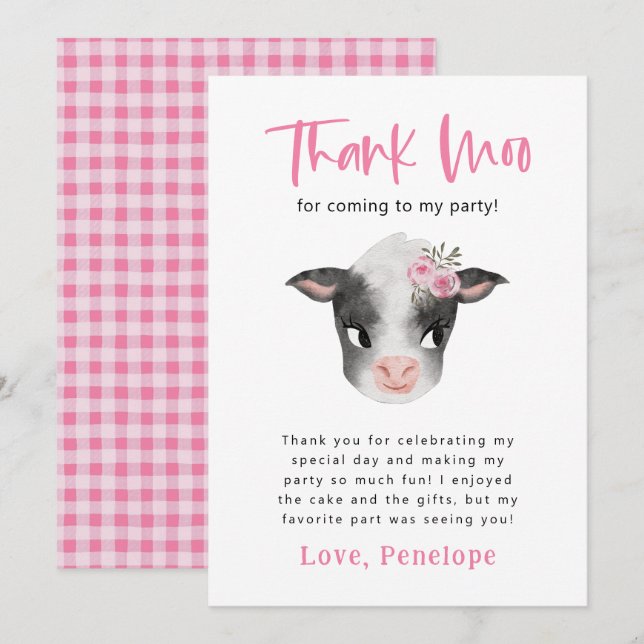 Cow Thank Moo Girl Birthday Party   You Card (Front/Back)