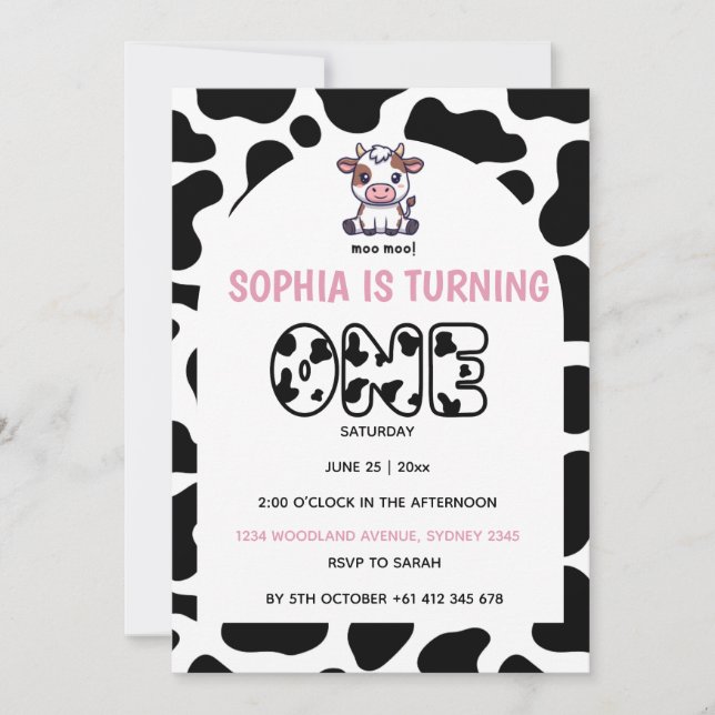 Cow Theme First Birthday Invitation – Turning One  (Front)