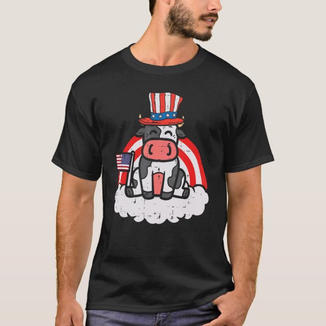 Cow Us Flag Top Hat Rainbow 4th Of July Farming Pa (Front)