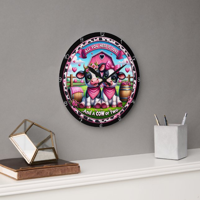 Cow Valentine's Day Love Large Clock (Office)
