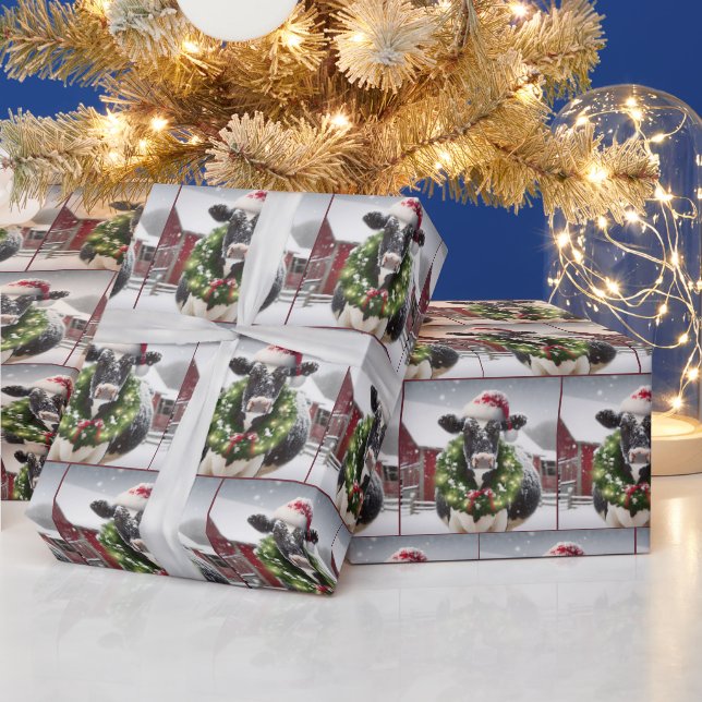 Cow Wearing Christmas Wreath Wrapping Paper (Holidays)