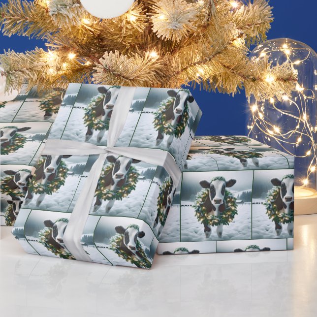 Cow Wearing Christmas Wreath Wrapping Paper (Holidays)