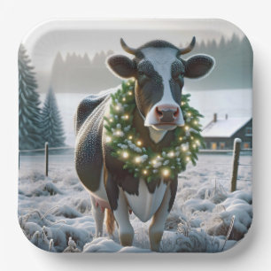 Cow Wearing Glowing Christmas Wreath Paper Plate