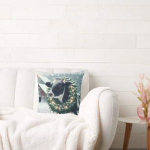 Cow Wearing Lighted Christmas Wreath Cushion