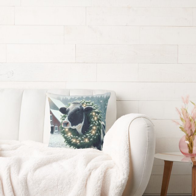 Cow Wearing Lighted Christmas Wreath Cushion (Couch)