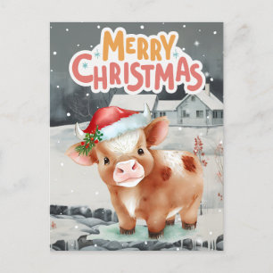 Cow wearing santa hat on winter night view  holiday postcard