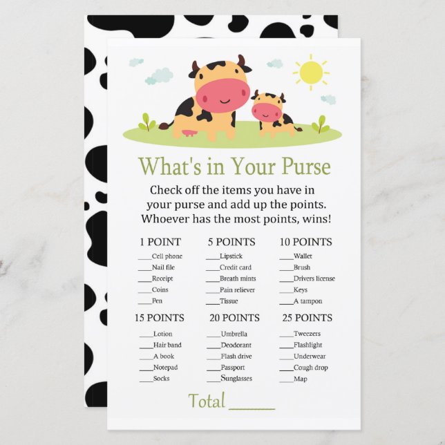 Cow What's in your purse game baby shower (Front/Back)