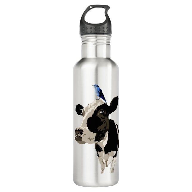 Cow with a blue bird on his head 710 ml water bottle (Front)