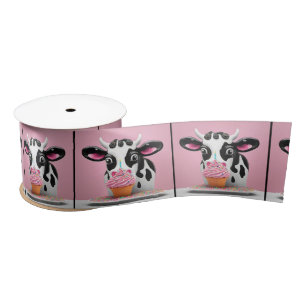 Cow With Birthday Cupcake On Pink Satin Ribbon