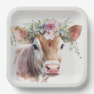 Cow with Floral Headpiece Paper Plate