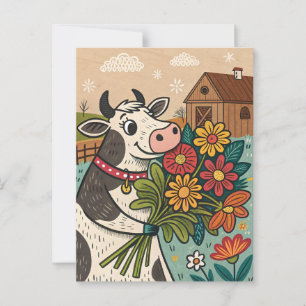 Cow with flowers cute folk art style postcard