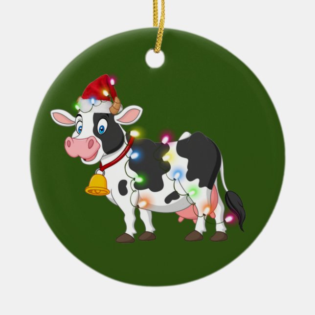 Cow With Hat Lights Christmas Ceramic Ornament (Front)