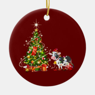 Cow With Hat Scaft Christmas Ceramic Ornament