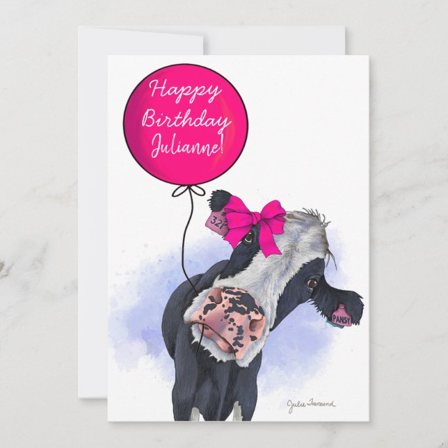 Cow with Pink Birthday Ballon Card - Personalise (Front)
