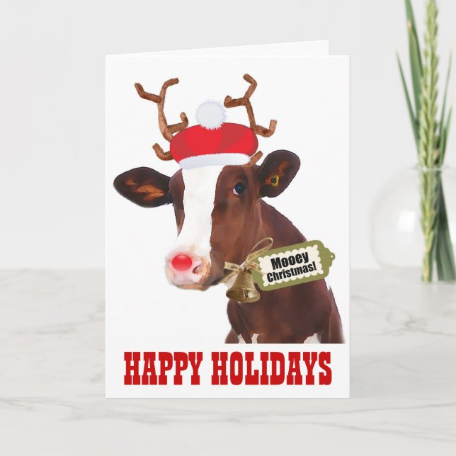 Cow with Reindeer Antlers and Santa Hat Holiday Card (Front)