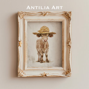 Cow with Straw Hat Whimsical Farm Animal Calf  Poster