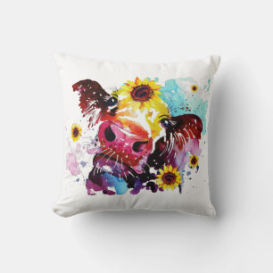 Cow with Sunflowers Farmhouse Throw Pillow