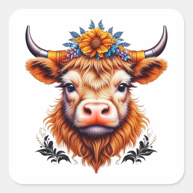 Cow with Yellow Sunflower Square Sticker (Front)