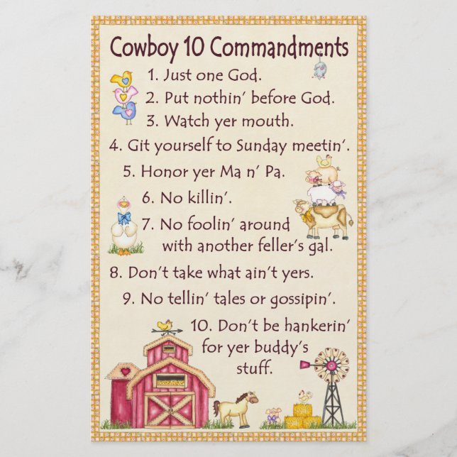 Cowboy 10 Commandments - Farm Fun Stationery (Front)