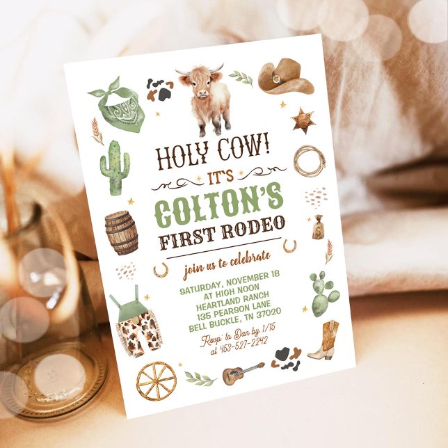 Cowboy 1st Rodeo Highland Cow Theme Birthday Party Invitation (Creator Uploaded)