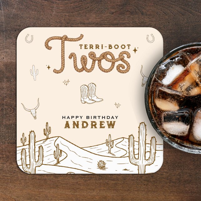 Cowboy 2nd Birthday Party Terri-Boot Twos Western Square Paper Coaster (Creator Uploaded)