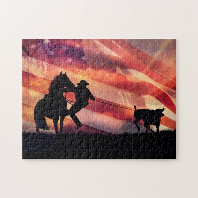 Cowboy American Flag and Steer Roping Jigsaw Puzzle (Horizontal)